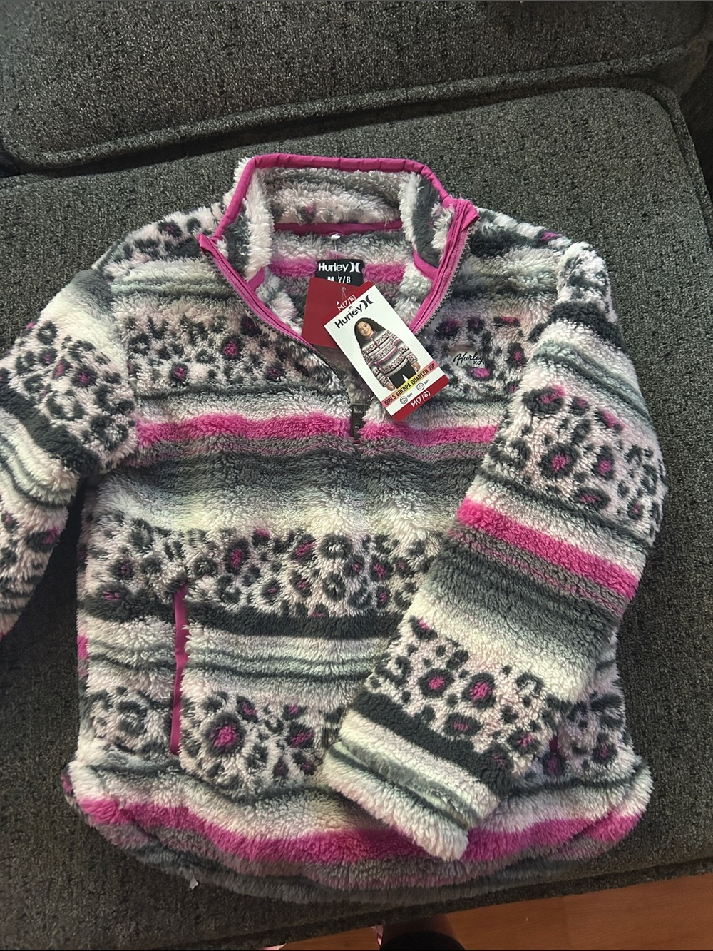 Hurley Girls' Pink, Gray & White Sherpa Half-Zip Pullover